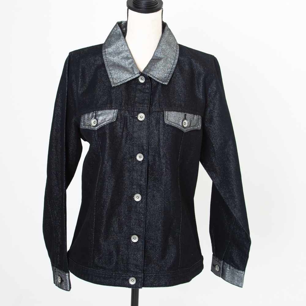 Dark wash denim jacket metallic collar Denim & Co M